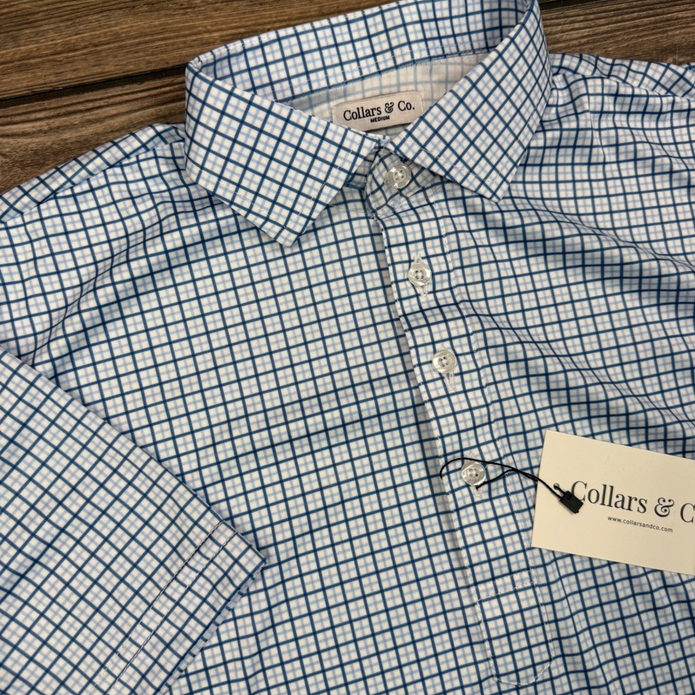 Collars & Co Mens Dress‎ Collar Polo Size Medium Blue White Grid Performance NEW